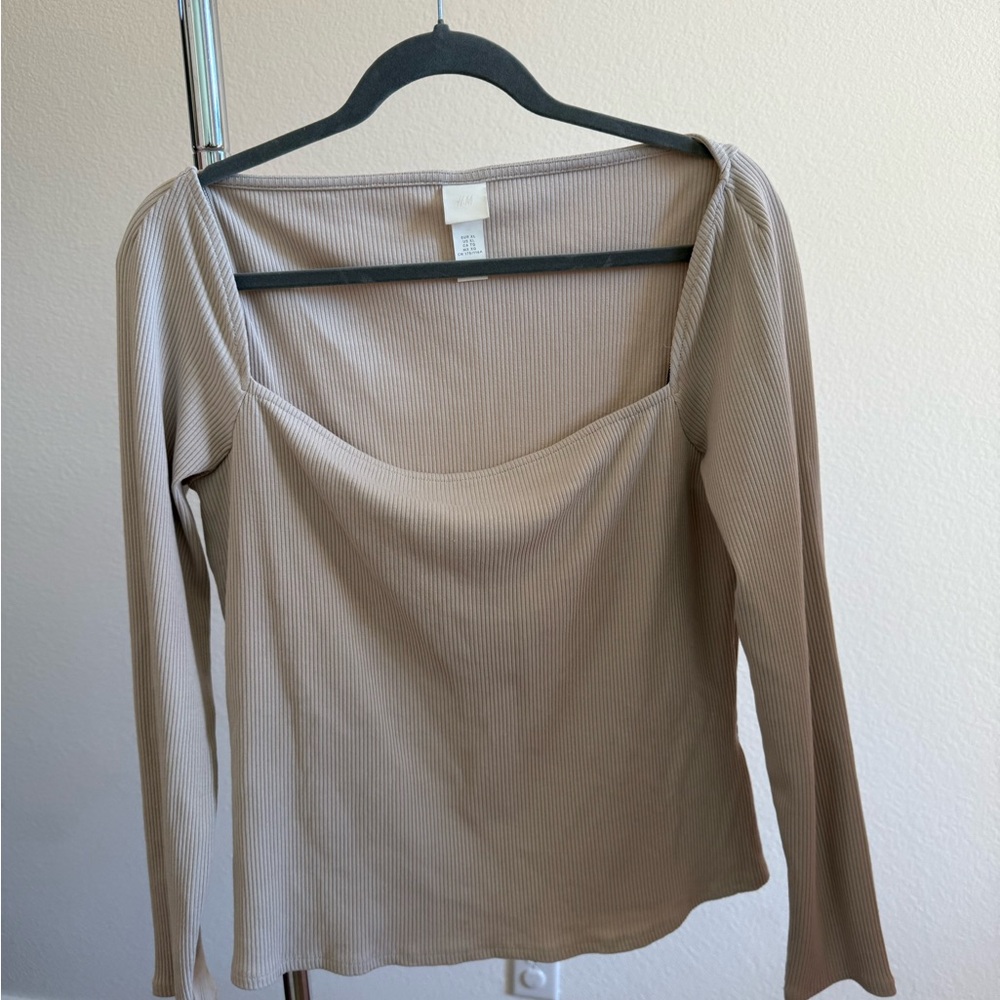 Beige Ribbed Long Sleeve Top